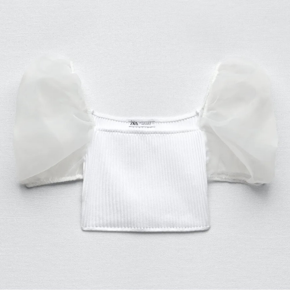 ZARA COMBINED ORGANZA TOP WHITE CROP CROPPED PUFF SLEEVE NWT